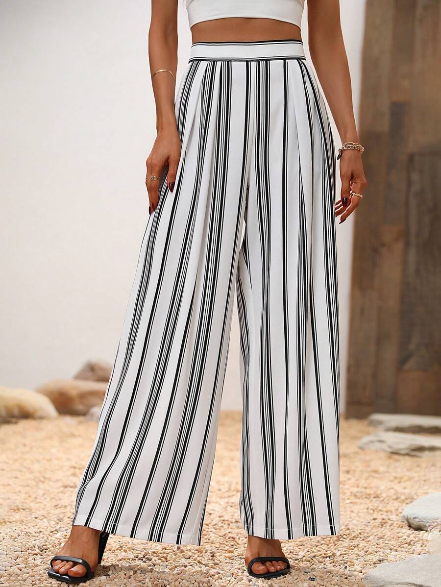SHEIN VCAY Pantalones de talle alto con estampado de rayas - Blanco y Negro - Ver 1
