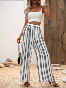 SHEIN VCAY Pantalones de talle alto con estampado de rayas - Blanco y Negro - Ver 3