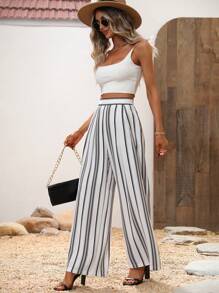 SHEIN VCAY Pantalones de talle alto con estampado de rayas - Blanco y Negro - Ver 4