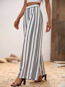 SHEIN VCAY Pantalones de talle alto con estampado de rayas - Blanco y Negro - Ver 6