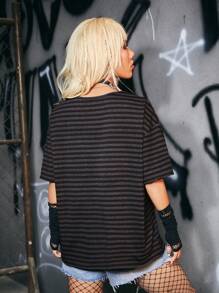 ROMWE Grunge Punk Striped Drop Shoulder Tee, School - Multicolor - View 2