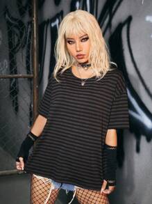 ROMWE Grunge Punk Striped Drop Shoulder Tee, School - Multicolor - View 5