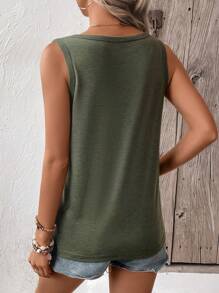 SHEIN LUNE Solid Cut Out Front Tank Top - Army Green - View 2