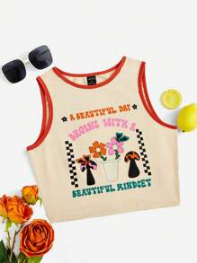 themindfulbutterflyy 標語和印花撞色滾邊背心上衣 - 杏色 - 查看 1