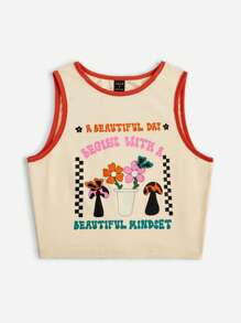 themindfulbutterflyy 標語和印花撞色滾邊背心上衣 - 杏色 - 查看 4