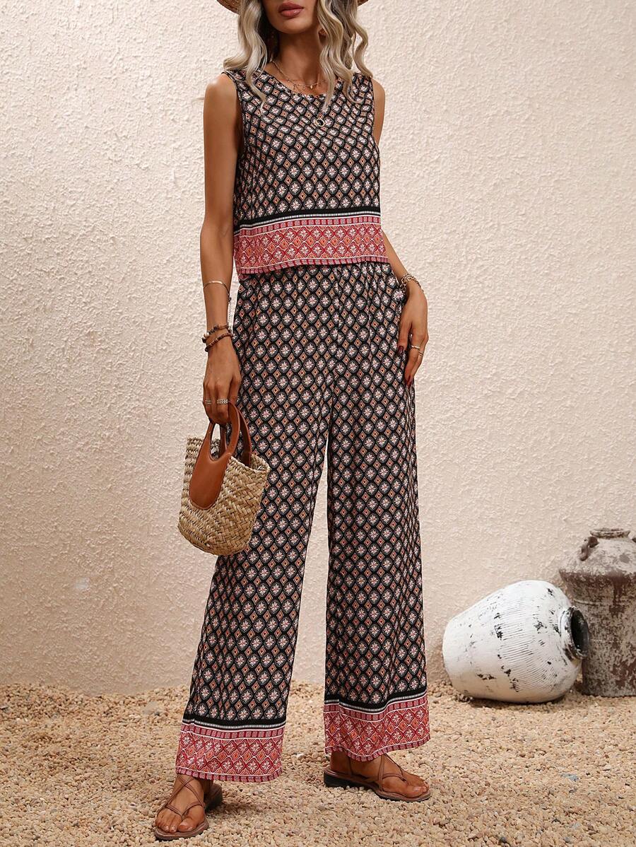 SHEIN Holidaya Bộ đồ hai mảnh nữ Túi Nút Hoa Hình học Boho - Nhiều màu - Xem 1