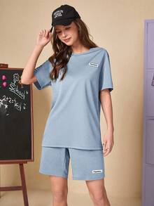 SWAVVY 1入組字母貼布T恤和1入組短褲 - 淺藍色 - 查看 5
