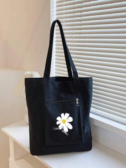 Floral Pattern Shopper Bag Small Double Handle Preppy School Bag For Graduate, Teen Girls, Freshman, Sophomore, Junior & Senior In College, University & High School, Perfect For Outdoors ,Travel & Back To SchoolSchool Bag,Large Capacity,Classic Casual,Foldable,Portable, Suitable For Teen Girls Women College Students, Perfect For Back To School,Shopping,Middle School, High School,College