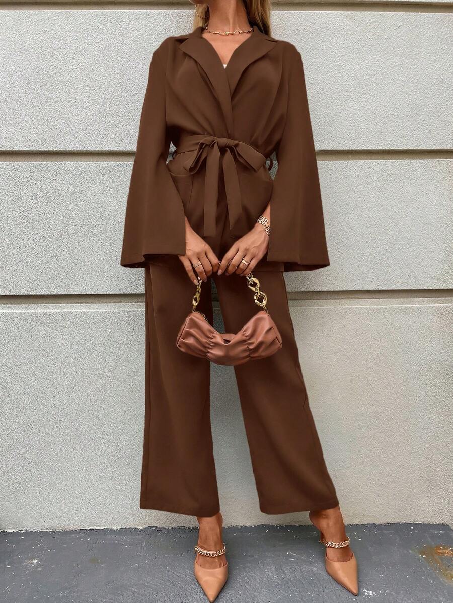 SHEIN Clasi Split Sleeve Belted Blazer & Wide Leg Pants