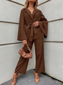SHEIN Clasi Split Sleeve Belted Blazer & Wide Leg Pants