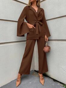 SHEIN Clasi Split Sleeve Belted Blazer & Wide Leg Pants