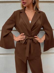 SHEIN Clasi Split Sleeve Belted Blazer & Wide Leg Pants