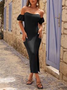 EURMUSE Vestido ajustado de hombros descubiertos de muslo con abertura - Negro - Ver 1