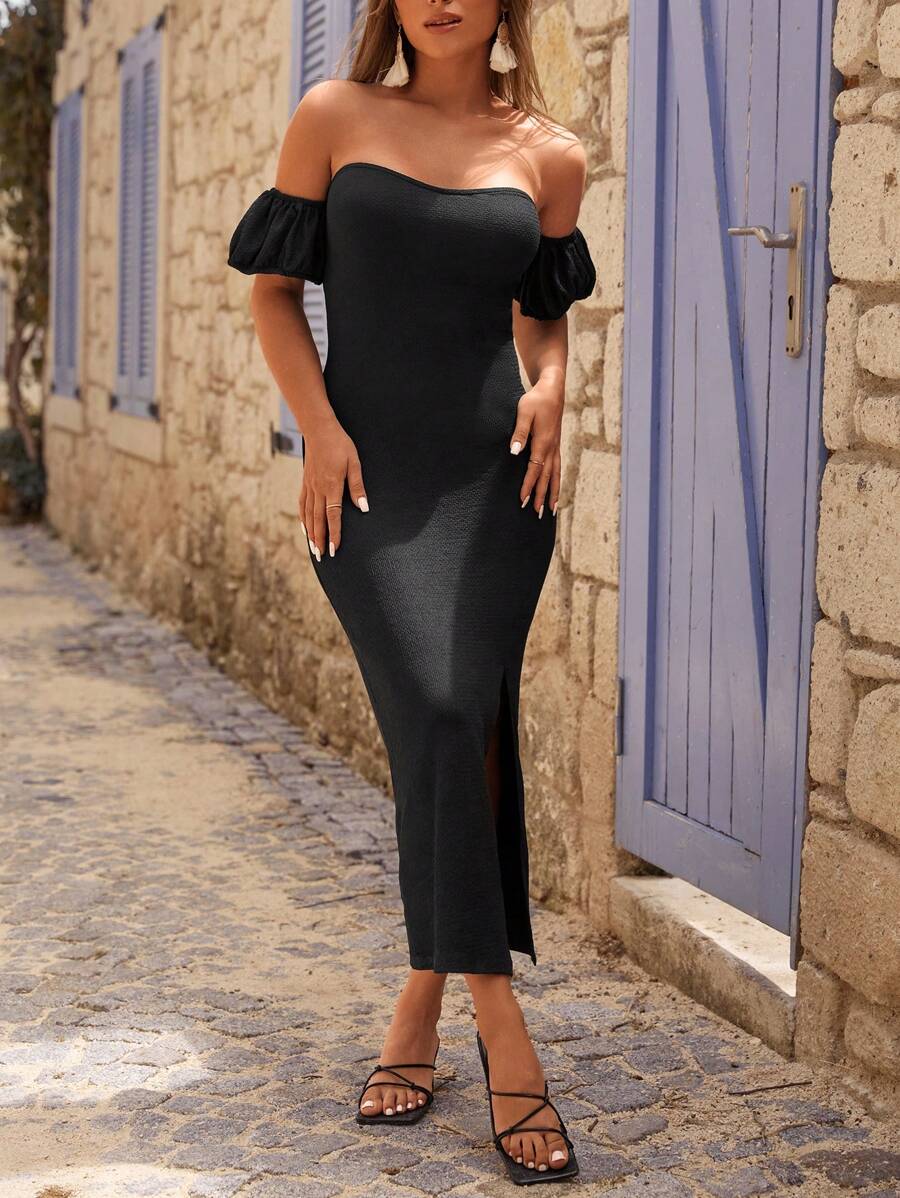 EURMUSE Vestido ajustado de hombros descubiertos de muslo con abertura - Negro - Ver 1