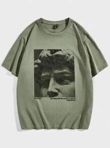 Manfinity VCAY 人像印花宽松圆领短袖T恤 - 軍綠色 - 查看 1