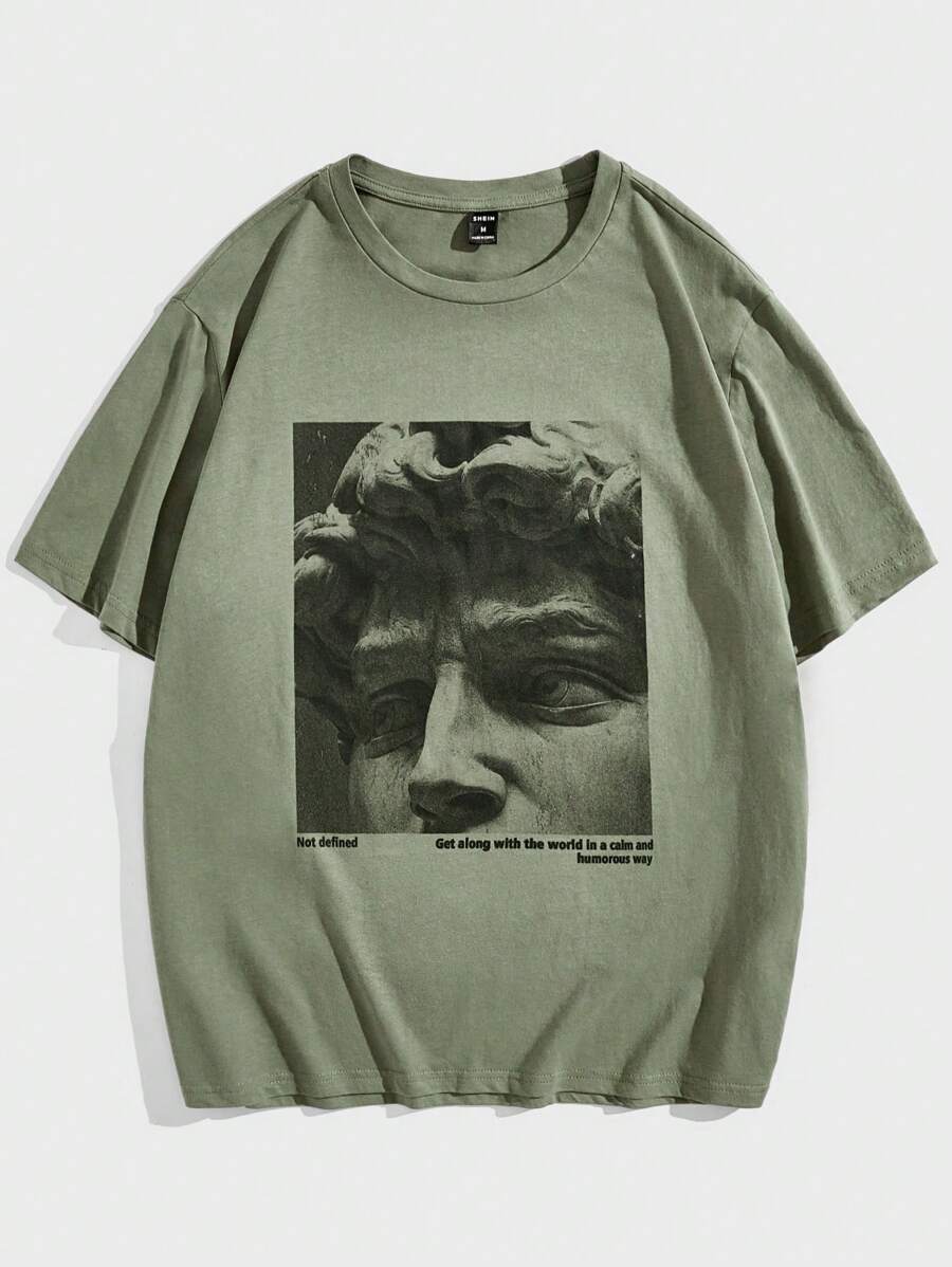 Manfinity VCAY 人像印花宽松圆领短袖T恤 - 軍綠色 - 查看 1