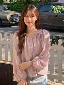DAZY Solid Button Front Bishop Sleeve Blouse - Pink - View 5