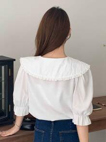 DAZY 花卉刺繡誇大領口荷葉袖襯衫 - 白色 - 查看 2