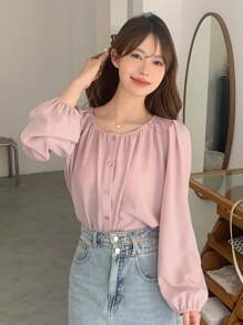 DAZY Solid Button Front Bishop Sleeve Blouse - Pink - View 6