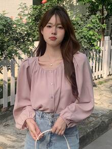 DAZY Solid Button Front Bishop Sleeve Blouse - Pink - View 7