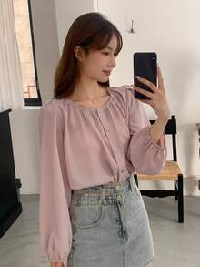 DAZY Solid Button Front Bishop Sleeve Blouse - Pink - View 8