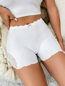 Miss Vinta Bow Front Scallop Trim Contrast Lace Boyshorts Bow Tie - White - View 1