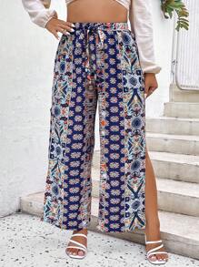 SHEIN LUNE Pantalones de pierna ancha con estampado de muslo con abertura con cinturón - Azul - Ver 1