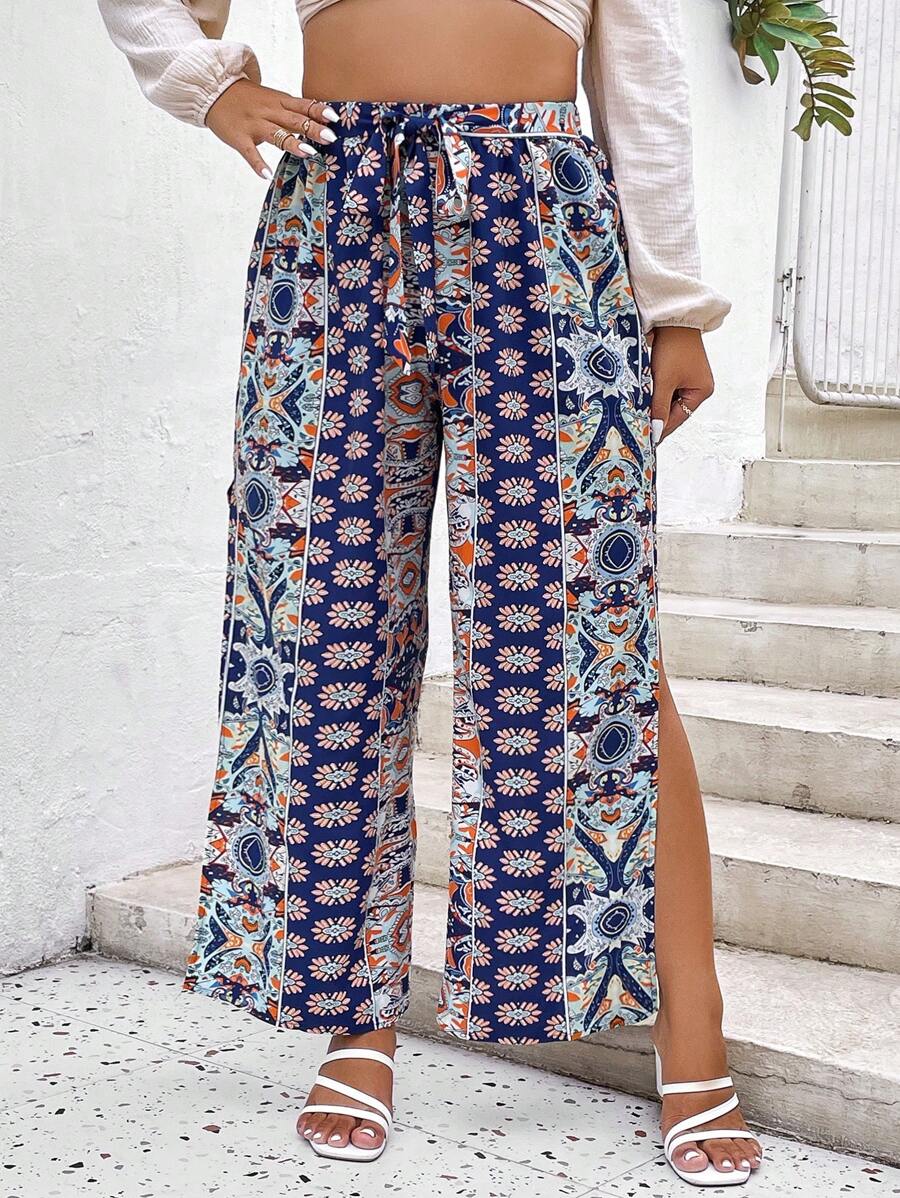 SHEIN LUNE Pantalones de pierna ancha con estampado de muslo con abertura con cinturón - Azul - Ver 1