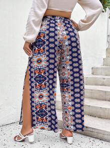 SHEIN LUNE Pantalones de pierna ancha con estampado de muslo con abertura con cinturón - Azul - Ver 2