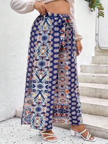 SHEIN LUNE Pantalones de pierna ancha con estampado de muslo con abertura con cinturón - Azul - Ver 4