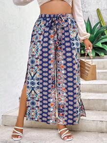 SHEIN LUNE Pantalones de pierna ancha con estampado de muslo con abertura con cinturón - Azul - Ver 5