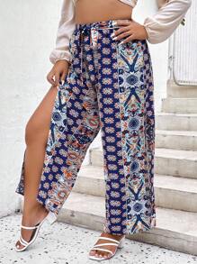 SHEIN LUNE Pantalones de pierna ancha con estampado de muslo con abertura con cinturón - Azul - Ver 6