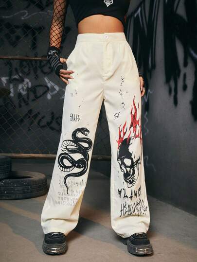 Grunge Punk Skull & Snake Print Wide Leg Pants