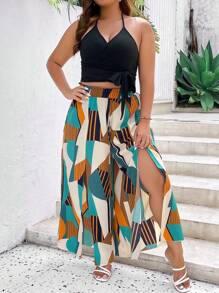 SHEIN LUNE Plus Solid Crop Halter Top & Geo Print Split Thigh Pants - Multicolor - View 3