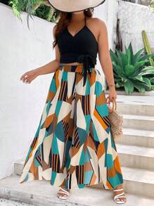 SHEIN LUNE Plus Solid Crop Halter Top & Geo Print Split Thigh Pants - Multicolor - View 5