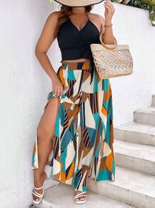 SHEIN LUNE Plus Solid Crop Halter Top & Geo Print Split Thigh Pants - Multicolor - View 6