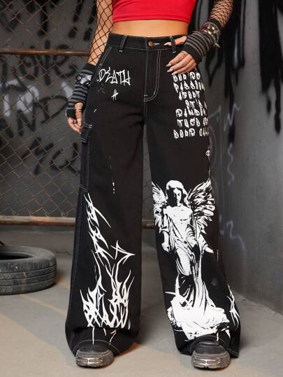 Grunge Punk Figure & Slogan Graphic Wide Leg Jeans