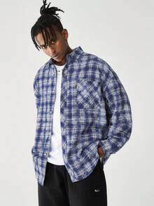 男士格紋印花落肩袖襯衫 - 藍色 - 查看 3