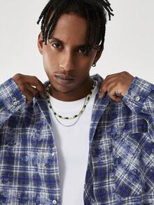 男士格紋印花落肩袖襯衫 - 藍色 - 查看 5