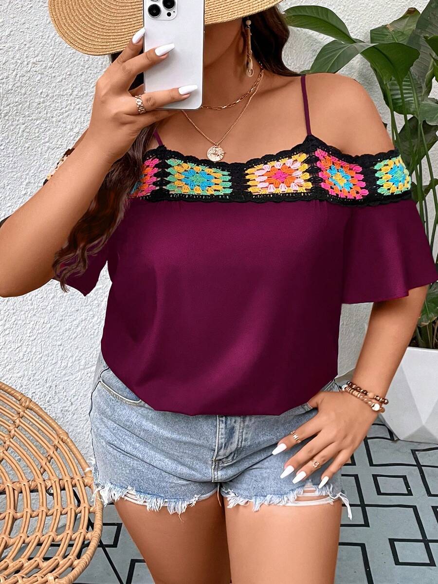 SHEIN LUNE Plus Floral Crochet Detail Cold Shoulder Blouse - Purple - View 1