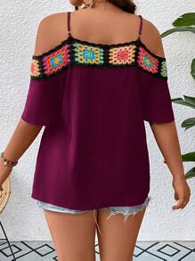 SHEIN LUNE Plus Floral Crochet Detail Cold Shoulder Blouse - Purple - View 2