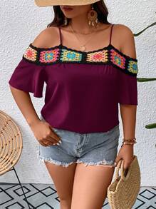 SHEIN LUNE Plus Floral Crochet Detail Cold Shoulder Blouse - Purple - View 5