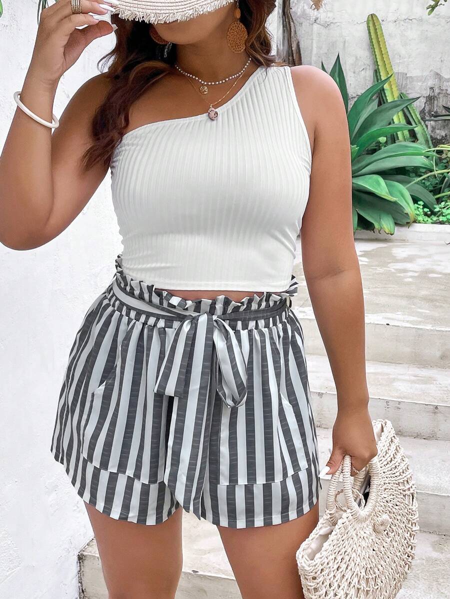 SHEIN Holidaya Plus One Shoulder Top & Striped Paperbag Waist Belted Shorts - Multicolor - View 1