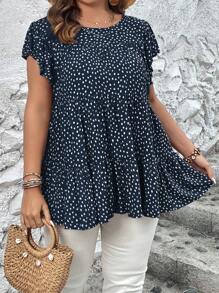 SHEIN LUNE Áo sơ mi Plus Size Xù Viên lá sen Tất cả trên in Dễ thương - Màu xanh hải quân - Xem 1