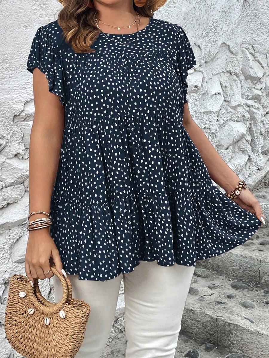 SHEIN LUNE Áo sơ mi Plus Size Xù Viên lá sen Tất cả trên in Dễ thương - Màu xanh hải quân - Xem 1