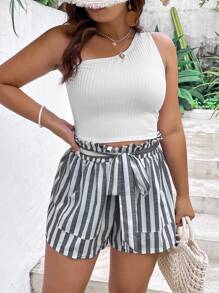 SHEIN Holidaya Plus One Shoulder Top & Striped Paperbag Waist Belted Shorts - Multicolor - View 3