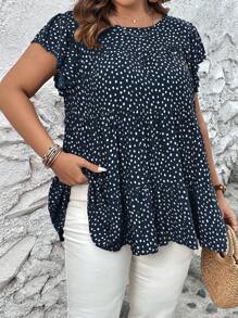 SHEIN LUNE Áo sơ mi Plus Size Xù Viên lá sen Tất cả trên in Dễ thương - Màu xanh hải quân - Xem 3