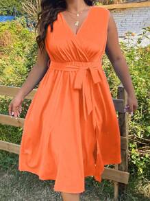 SHEIN LUNE Plus Solid Belted Dress - Orange - View 1