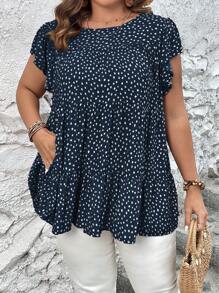 SHEIN LUNE Áo sơ mi Plus Size Xù Viên lá sen Tất cả trên in Dễ thương - Màu xanh hải quân - Xem 5