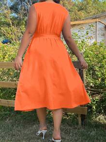 SHEIN LUNE Plus Solid Belted Dress - Orange - View 2